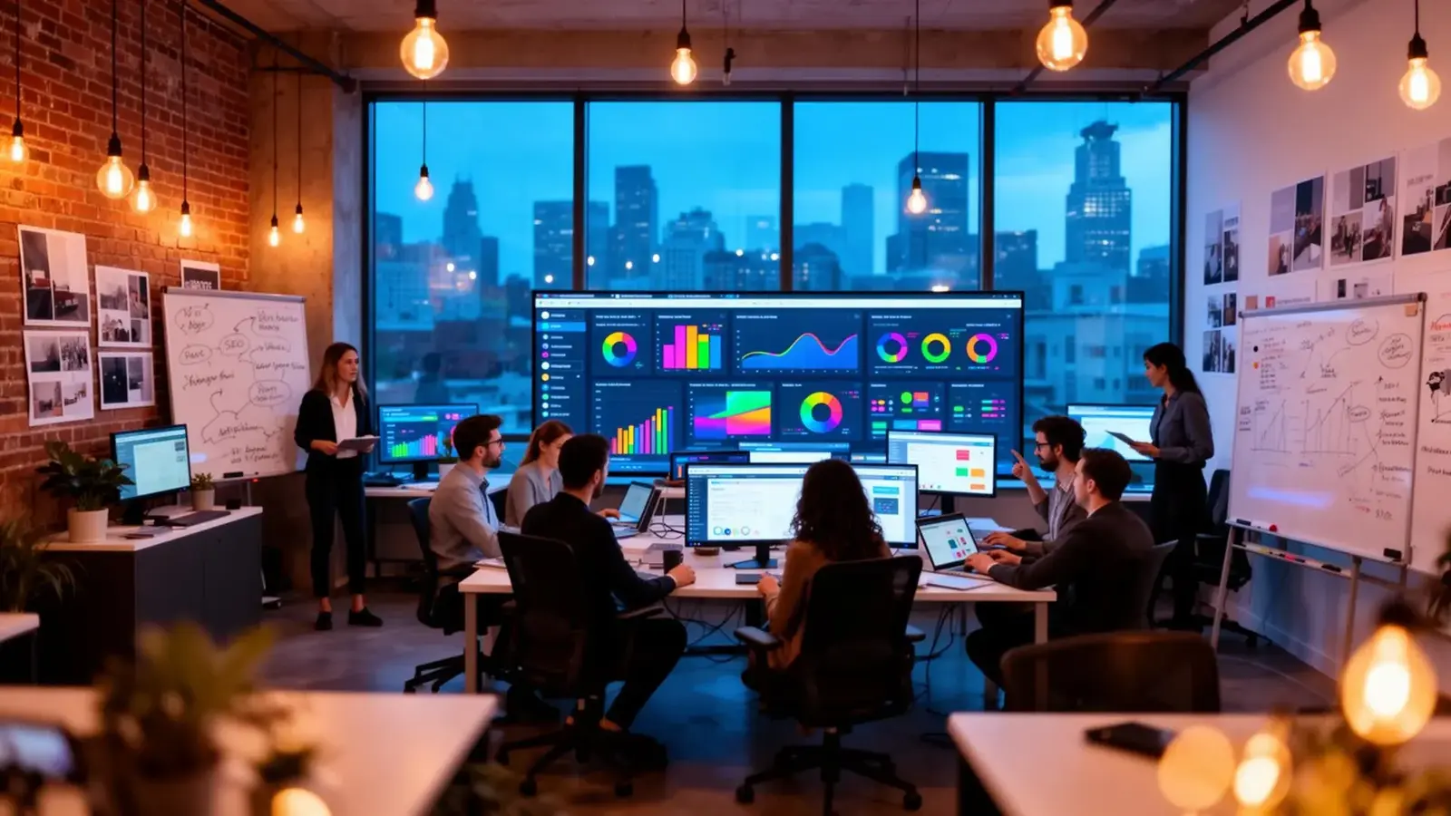 Digital marketing agency workspace with analytics dashboards and SEO metrics in Dhaka Bangladesh