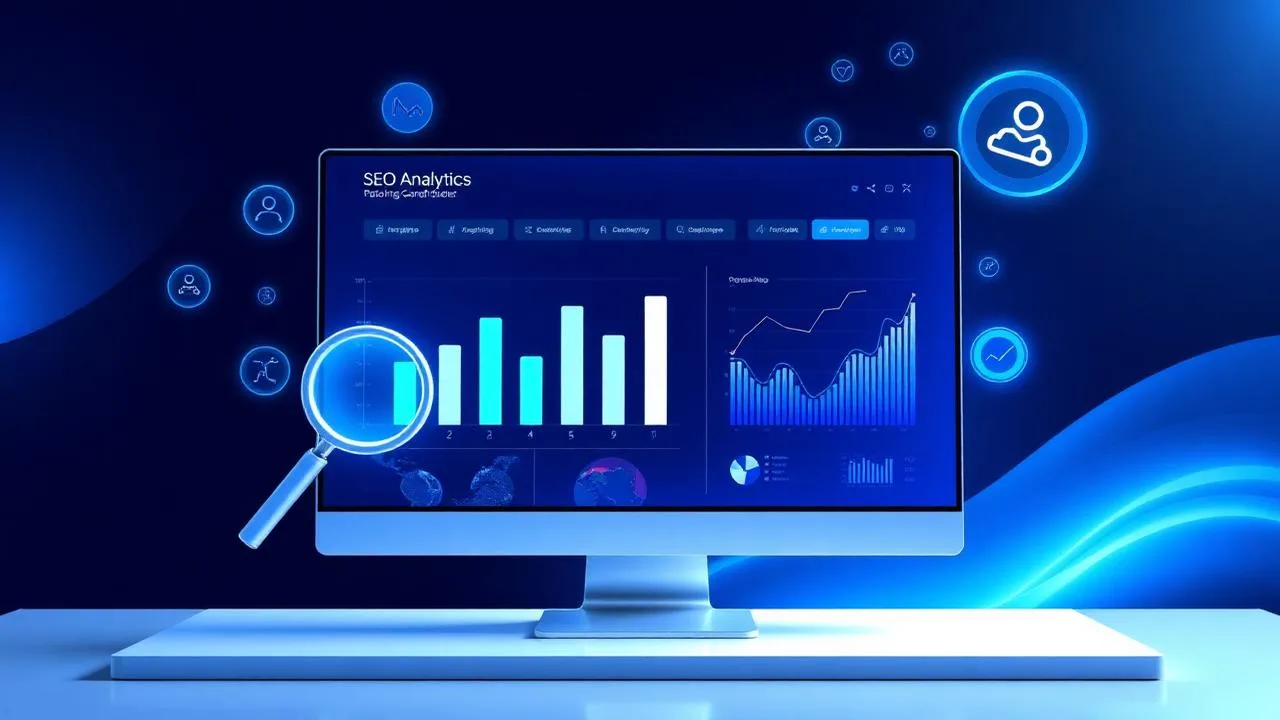 SEO analytics dashboard with charts and search optimization tools
