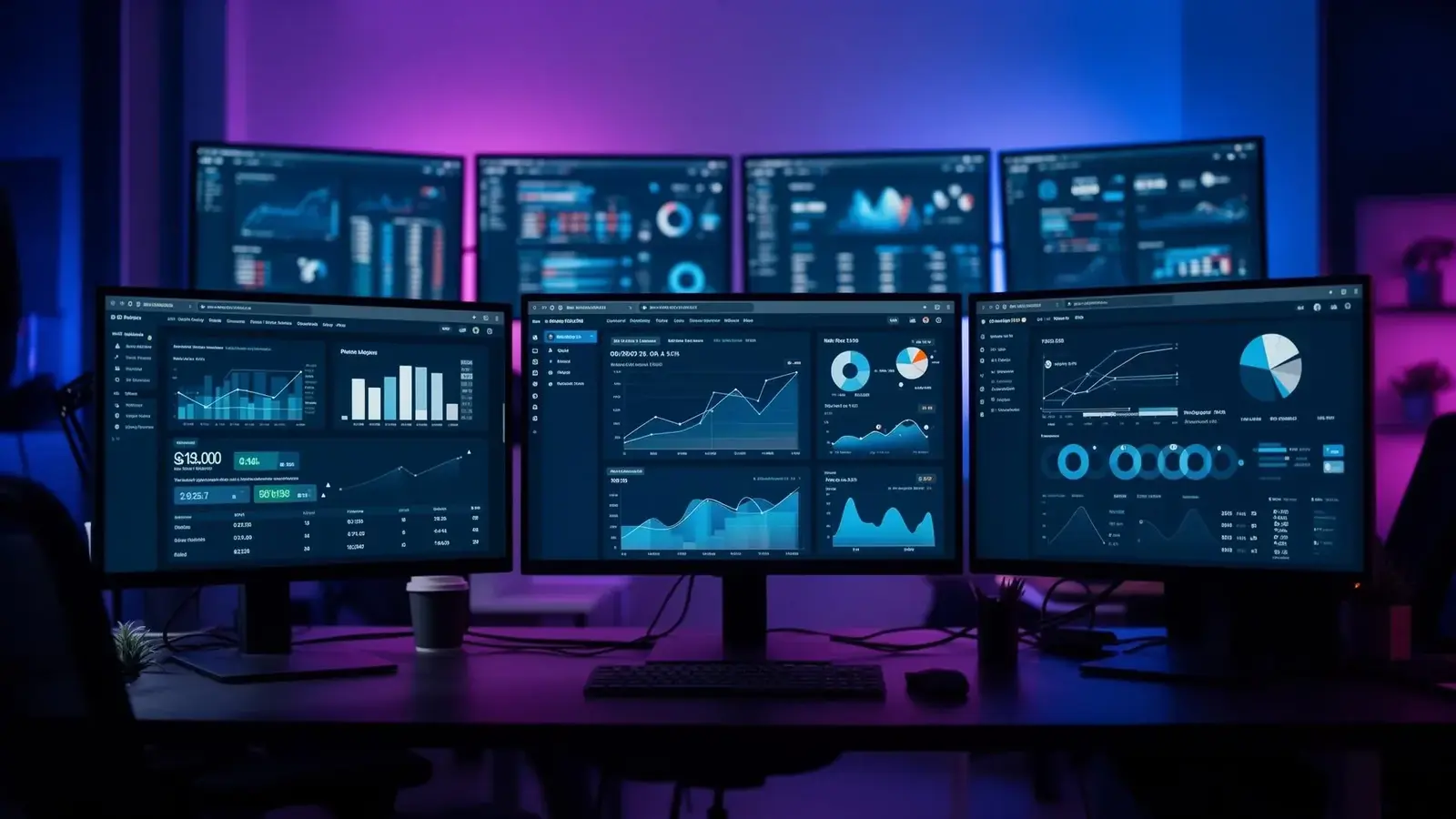 Digital marketing tools and analytics dashboards on multiple screens
